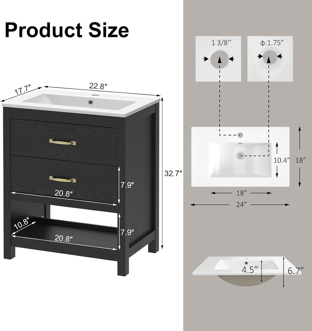 Bathroom Vanity with Sink 24 Inch, Modern Bathroom Cabinet Set with LED Light for Small Space, 2 Soft-Close Drawers with Organizer, Deep and Sloped Single Sink, Easy Assembly, Black