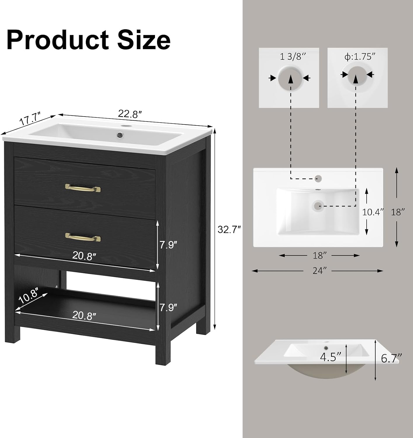 Bathroom Vanity with Sink 24 Inch, Modern Bathroom Cabinet Set with LED Light for Small Space, 2 Soft-Close Drawers with Organizer, Deep and Sloped Single Sink, Easy Assembly, Black
