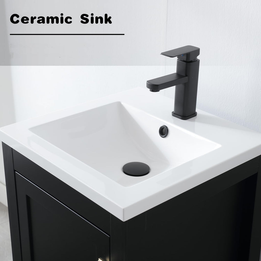 LUCKWIND 18' Bathroom Vanity and Sink Combos, Modern Bathroom Storage Painted Cabinet with Undercounter Ceramic Single Sink Top, Matte Black Faucet and Drawer, Mirror Not Included, White
