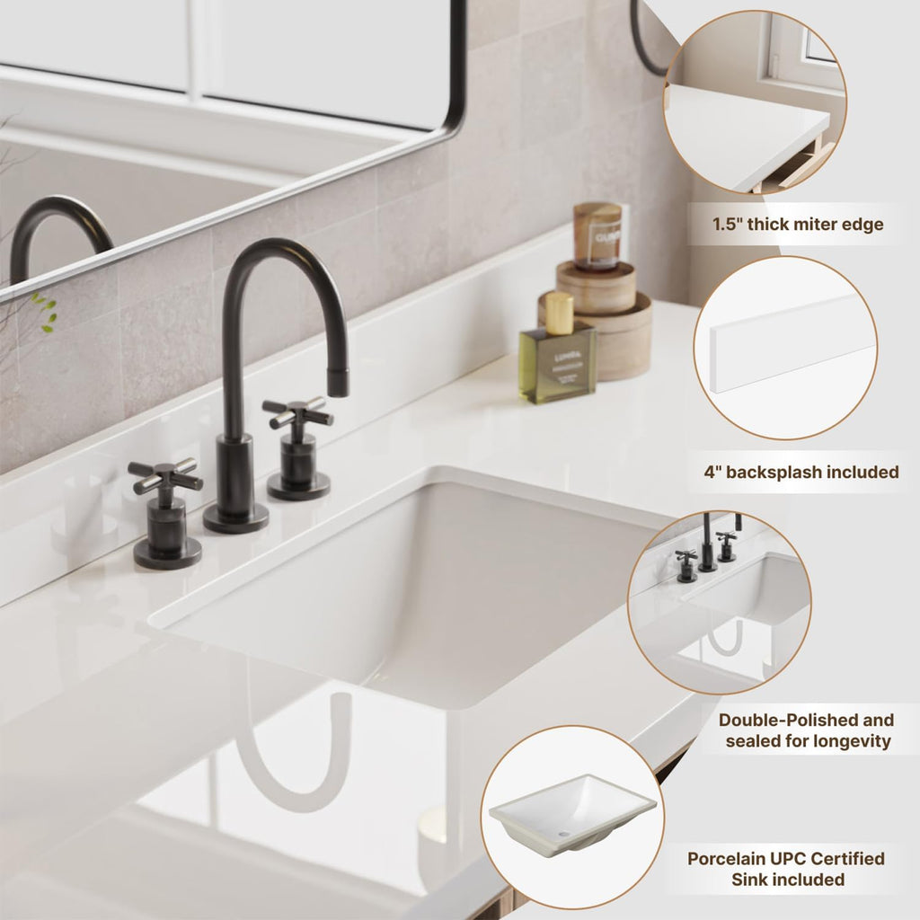 DKB Beckford 72 Inch Bathroom Vanity Double Sink — Espresso Bathroom Vanity with Sink, 1.5' Edge Pure White Quartz Countertop & Backsplash, 4 Soft-Close Doors, 6 Dovetail Drawers