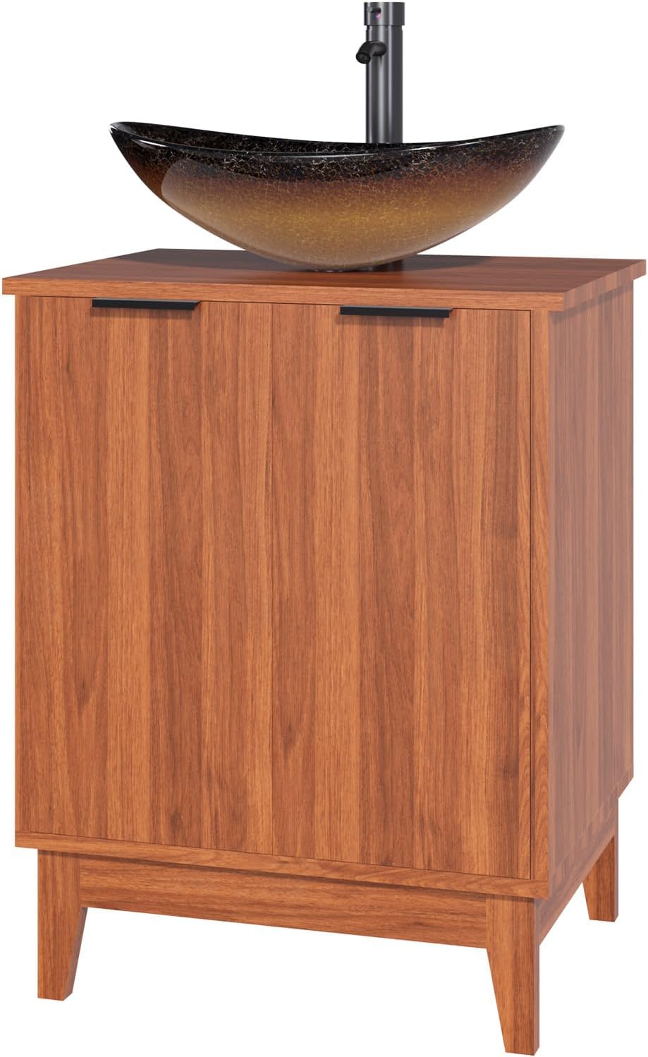 EROMMY 24 Inch Bathroom Vanity with Sink Combo, Bathroom Vanity with 2 Doors, Rustic Freestanding Bathroom Cabinet with Adjustable Shelf & Boat Glass Vessel Sink, Includes Water Tap & Sink Accessories