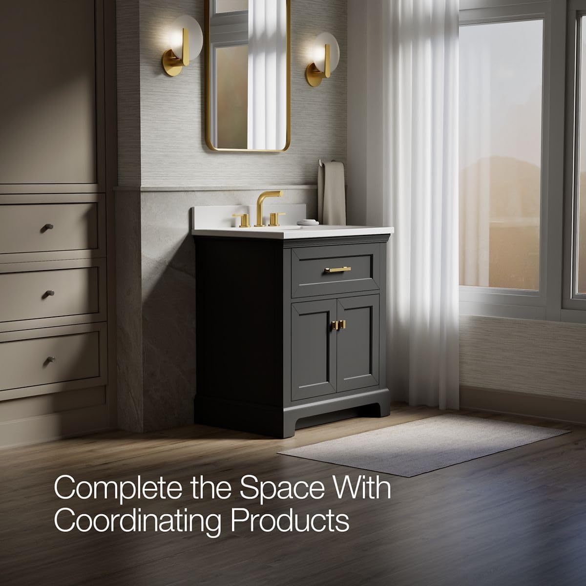 Kohler Charlemont 30' Bathroom Vanity Cabinet with White Sink and Quartz Top, Modern Bathroom Storage, Dark Warm Grey, K-29260-BD1-DWG