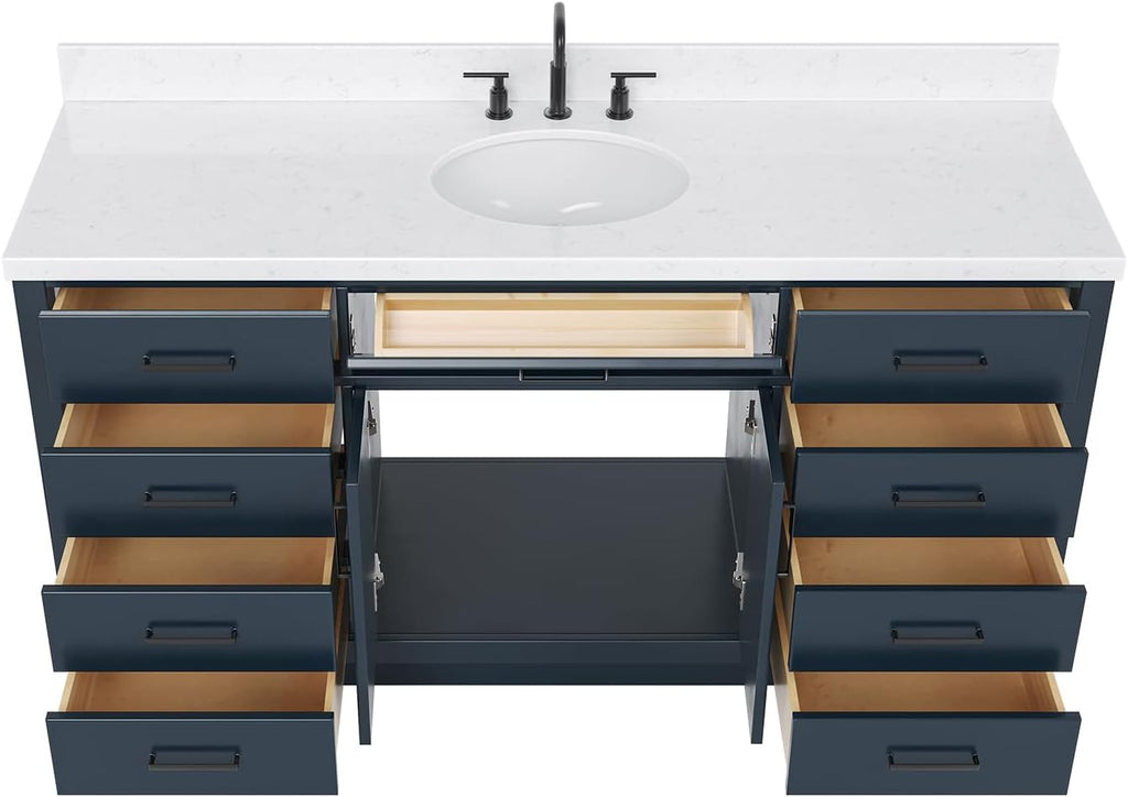 ARIEL Hepburn 66-inch Bathroom Vanity with Sink,Solid Wood, 1.5-inch Carrara White Quartz Countertop, Single Oval Porcelain Sink, 2 Soft Closing Doors, 9 Dovetail Drawers, Midnight Blue