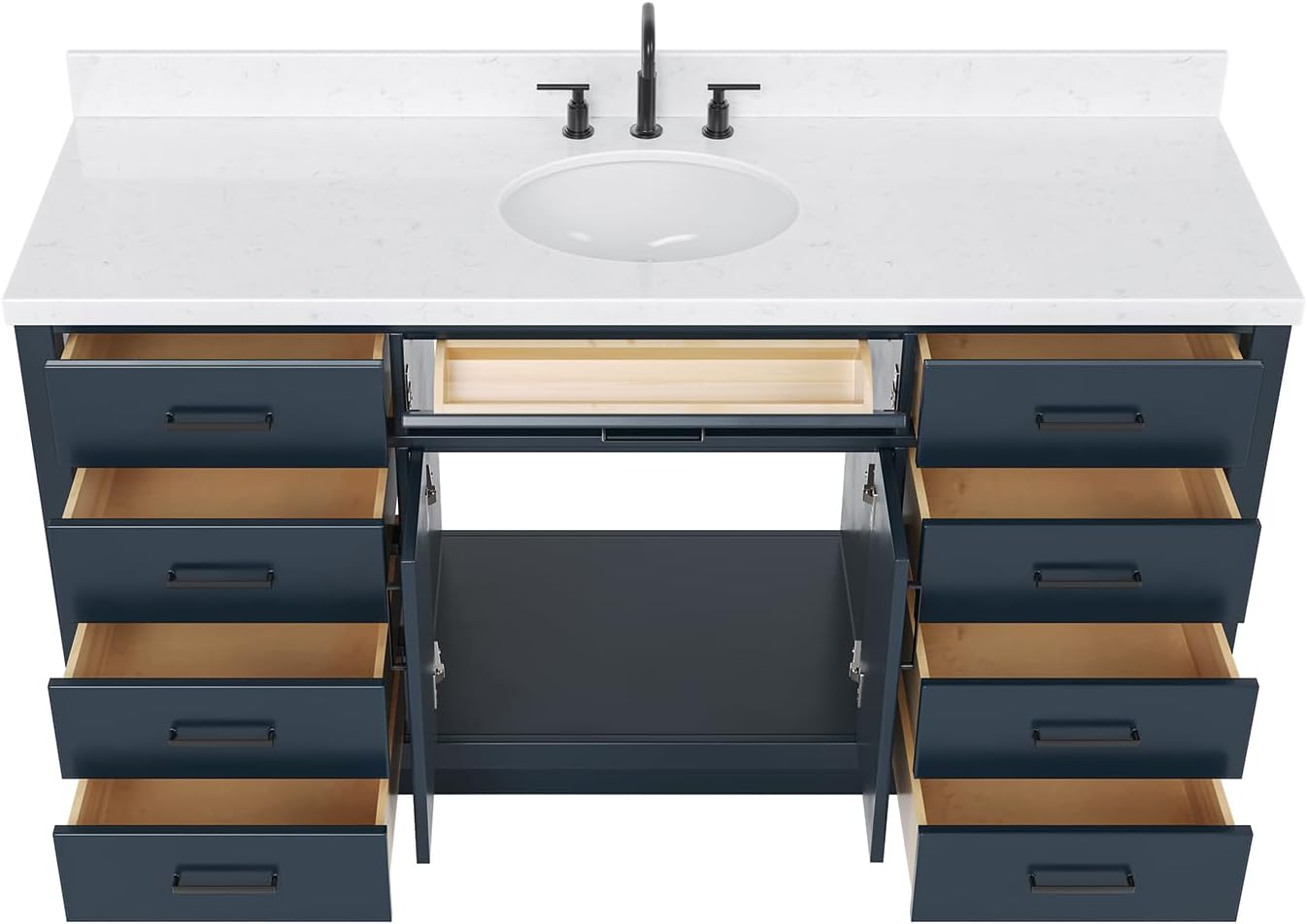 ARIEL Hepburn 66-inch Bathroom Vanity with Sink,Solid Wood, 1.5-inch Carrara White Quartz Countertop, Single Oval Porcelain Sink, 2 Soft Closing Doors, 9 Dovetail Drawers, Midnight Blue