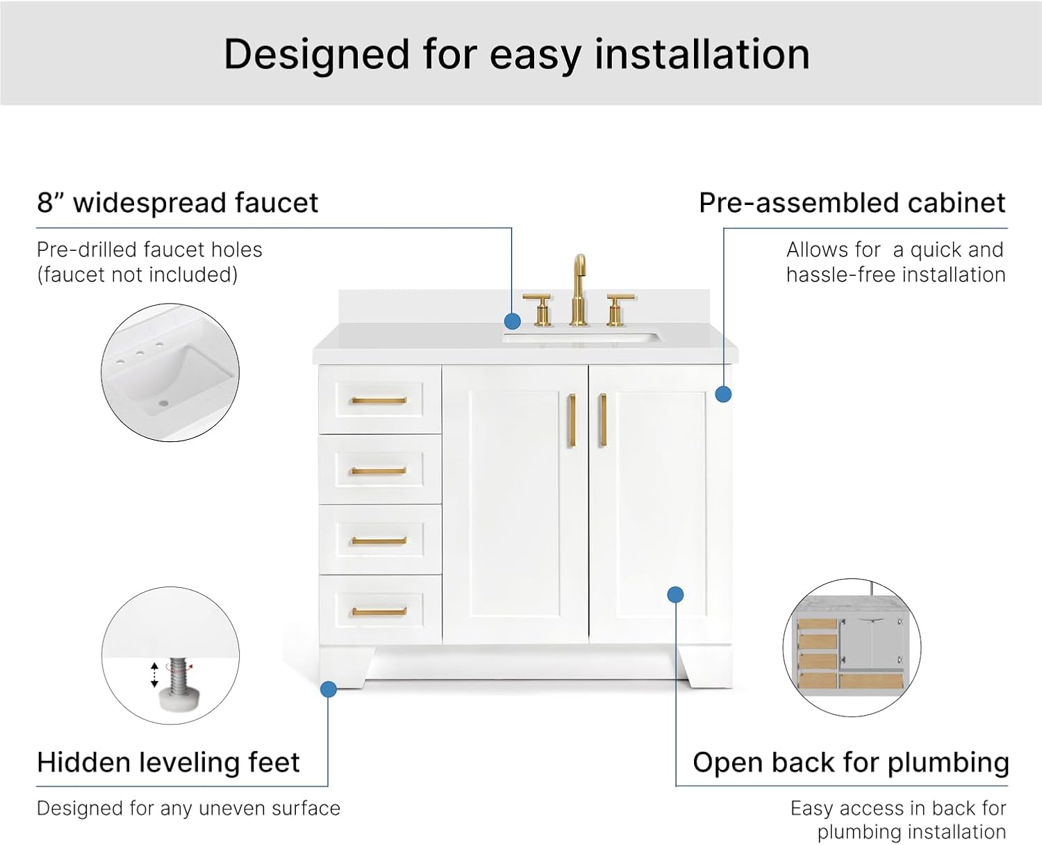 ARIEL Taylor 42-inch Bathroom Vanity with Sink,Solid Wood, 1.5-inch Pure White Quartz Countertop, Single Rectangular Porcelain Sink, Soft Closing Doors, Dovetail Drawers, White