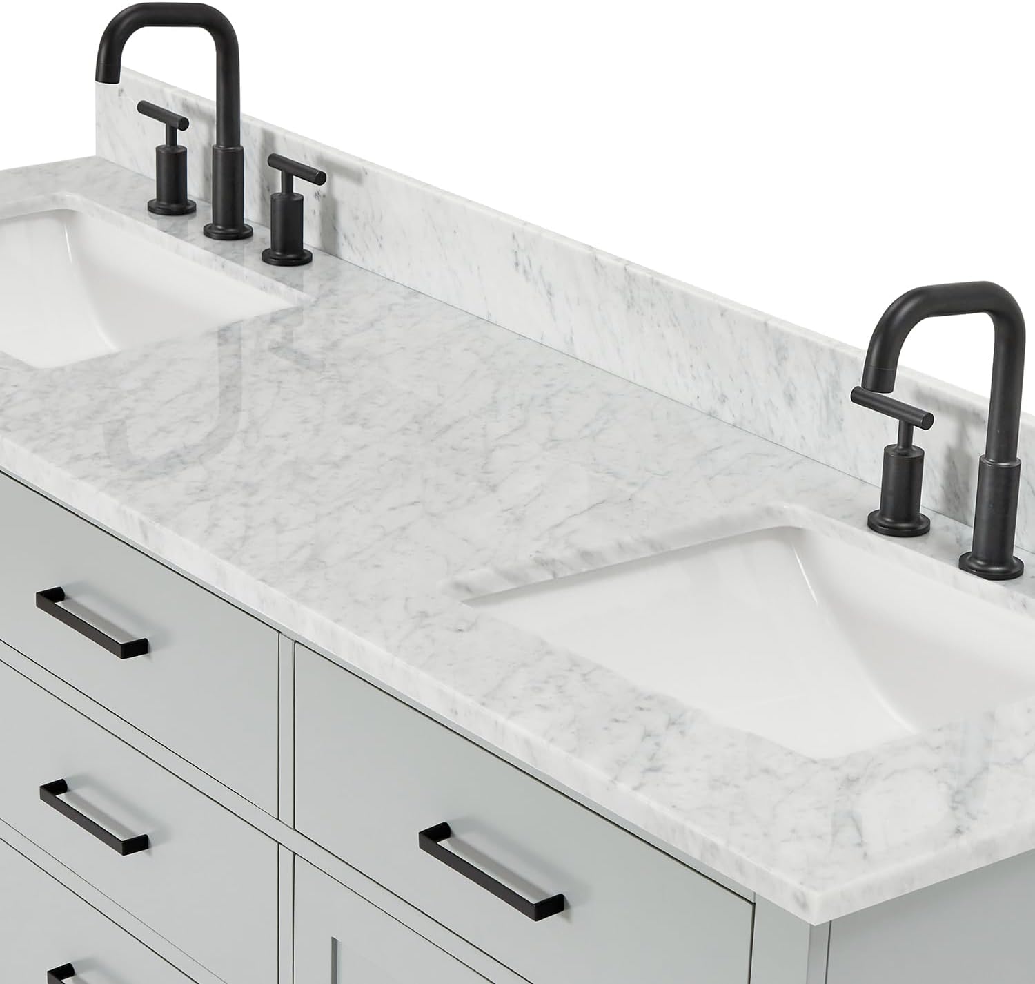 ARIEL Hepburn 66-inch Bathroom Vanity with Sink,Solid Wood, 0.75-inch Italian Carrara Marble Countertop, Double Rectangular Porcelain Sink, 4 Soft Closing Doors, 6 Dovetail Drawers, Grey