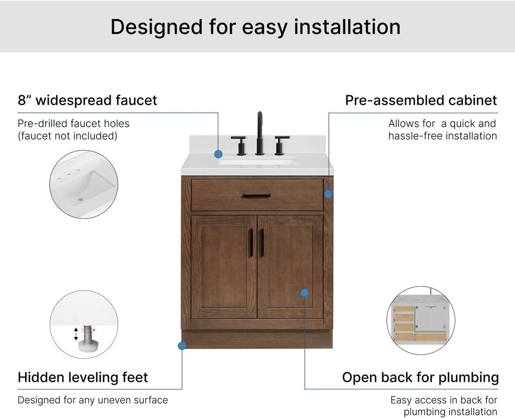 ARIEL Hepburn 30-inch Bathroom Vanity with Sink,Solid Wood, 1.5-inch Carrara White Quartz Countertop, Single Rectangular Porcelain Sink, 2 Soft Closing Doors, 1 Dovetail Drawers, Brown Oak