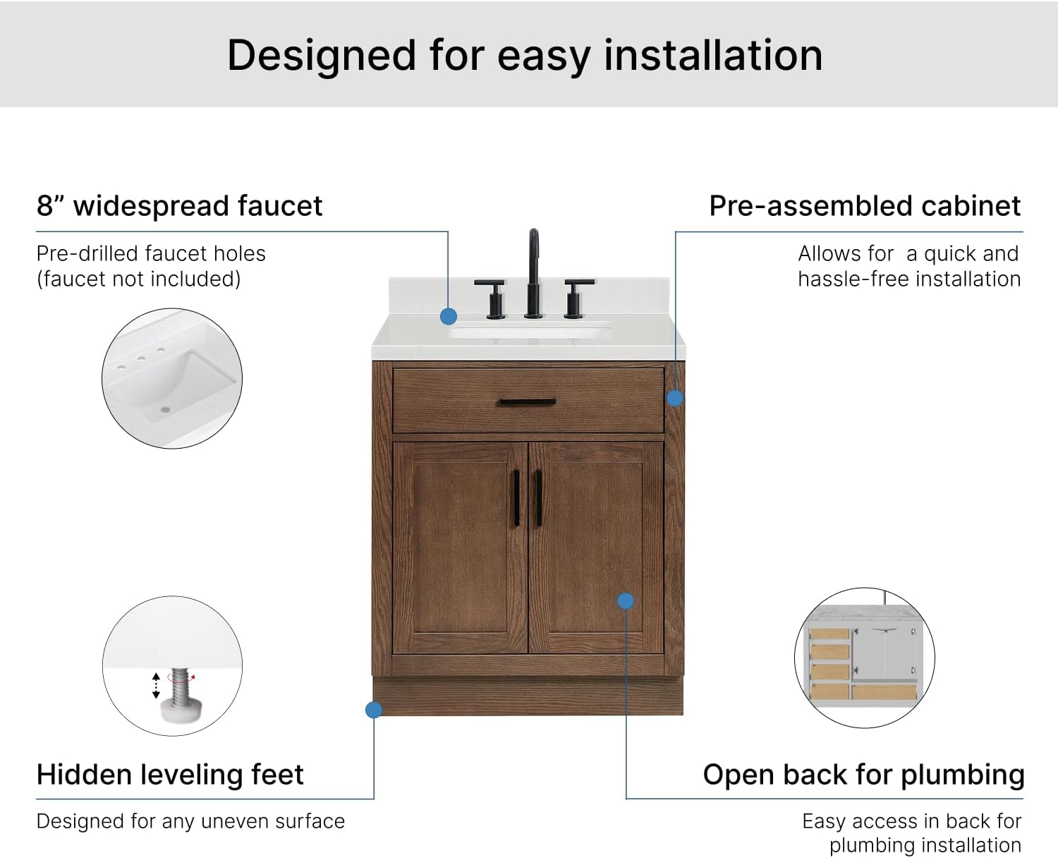 ARIEL Hepburn 30-inch Bathroom Vanity with Sink,Solid Wood, 1.5-inch Carrara White Quartz Countertop, Single Rectangular Porcelain Sink, 2 Soft Closing Doors, 1 Dovetail Drawers, Brown Oak