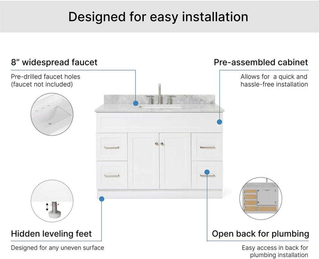ARIEL Hamlet 48-inch Bathroom Vanity with Sink,Solid Wood, 0.75-inch Italian Carrara Marble Countertop, Single Rectangular Porcelain Sink, Soft Closing Doors, Dovetail Drawers, White