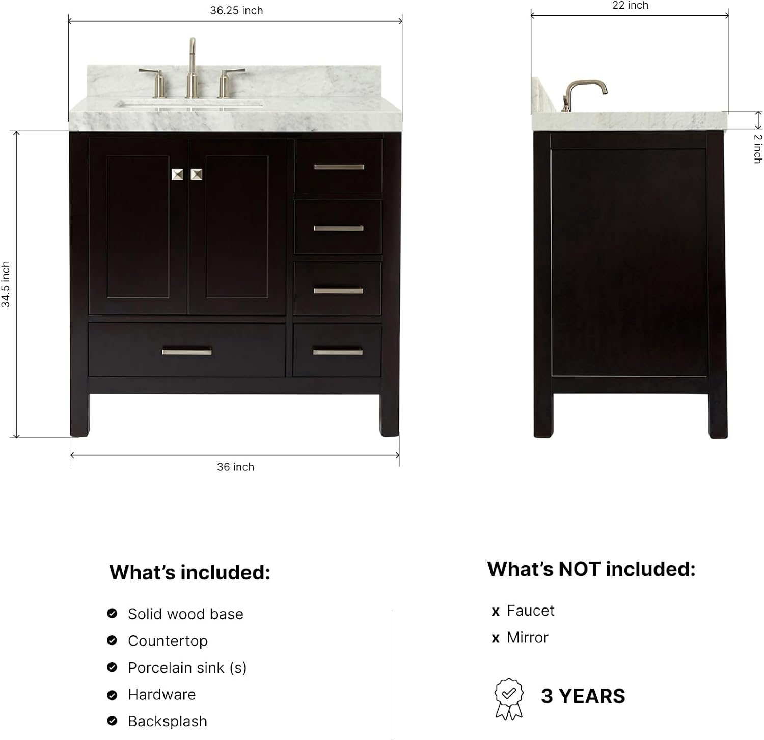 ARIEL Cambridge 36-inch Bathroom Vanity with Sink,Solid Wood, 2-inch Italian Carrara Marble Countertop, Single Rectangular Porcelain Sink, 2 Soft Closing Doors, 5 Dovetail Drawers, Espresso