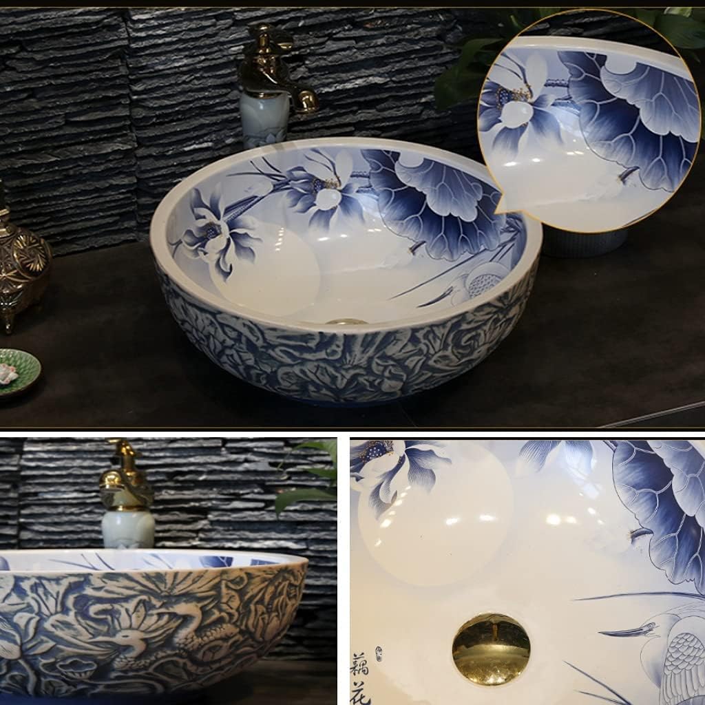 Bathroom Basin Vessels Sink Countertop Basin, Vanity Sink Tops Chinese Retro Lotus Ceramic Bathroom Sink, Round Single Basin in Household Bathroom,White-42 * 15cm