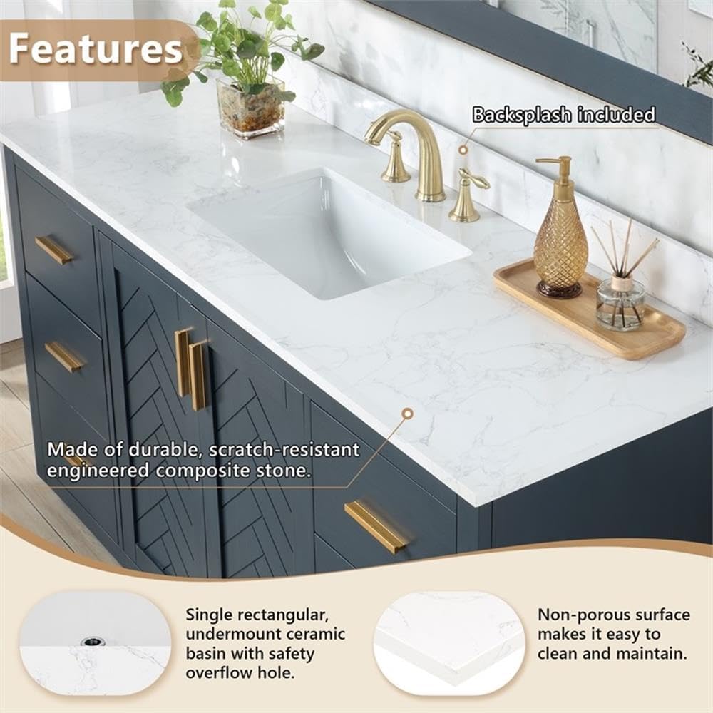 Pemberly Row 61' Engineered Stone Vanity Top, Grain White Finish, Single White Undermount Sink, Scratch/Heat/Stain-Resistant, Pre-Drilled for 8' Widespread Faucet, Modern Bathroom Vanity Surface