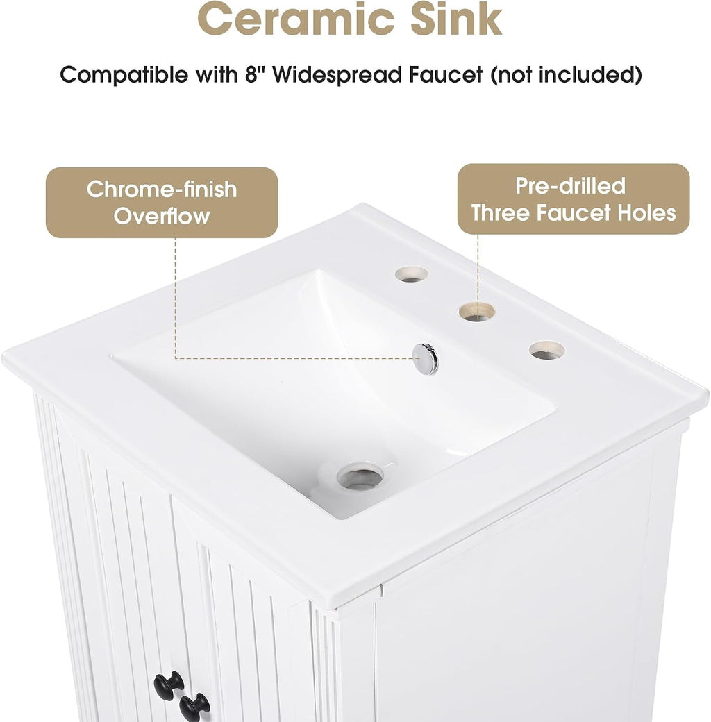 VilroCaz 20' Bathroom Vanity with Sink, Freestanding Bathroom Storage Cabinet with 2 Doors, a Drawer, Magnetic Door Stopper, Solid Wood Legs and Adjustable Foot Pads (White-10.10)