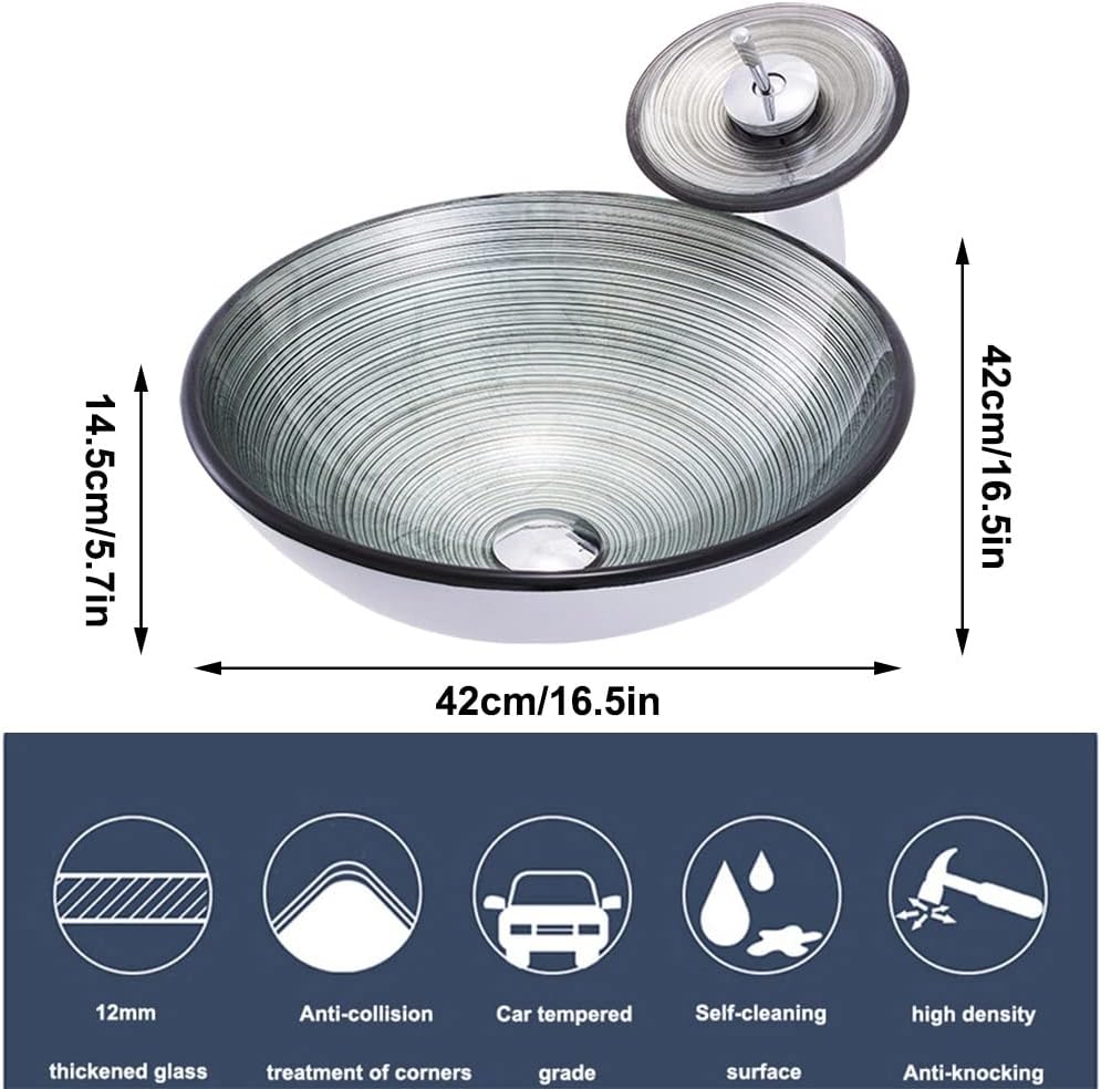 Modern Tempered Glass Vessel Bowl Sink Spiral Pattern Artistic Bathroom Vanity Sink Top Mount with Waterfall Faucet & Pop Up Drain (Color : Gray, Size : 42x42x14.5cm)
