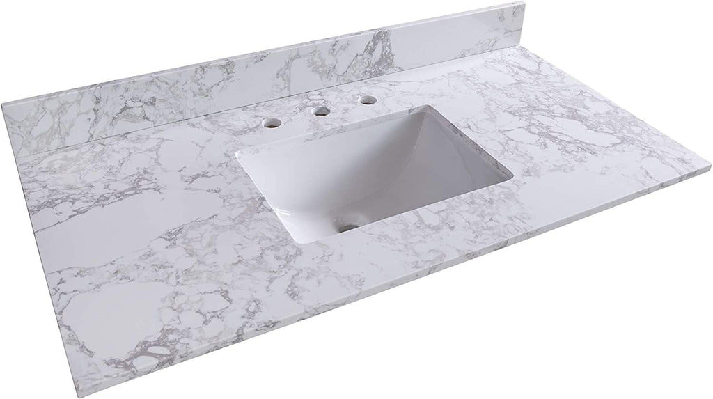 43 Inch Marble Vanity Top with Undermounted Rectangular Ceramic Sink & Backsplash, Three holes Engineered Stone Vanity Sink Top Countertop for Bathroom Kitchen (No Cabinet)