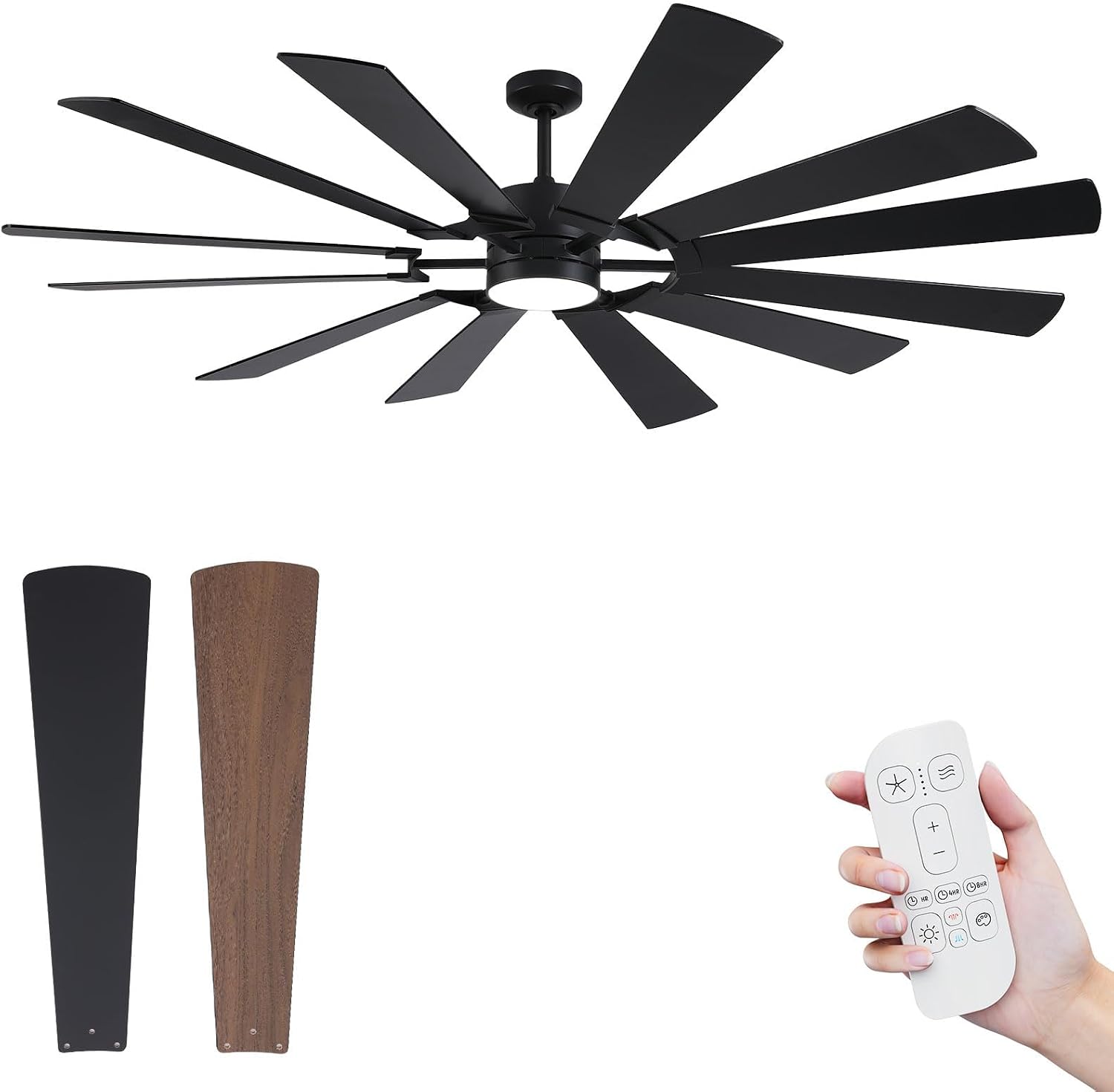 72 Inch Black Ceiling Fan with Light, 12 Dual-finish Blades Large Outdoor Ceiling Fan, Modern Industrial Cieling Fan with Reversible DC Motor, 3CCT, Dimmable LED for Garage, Patio, Indoor, Outdoor