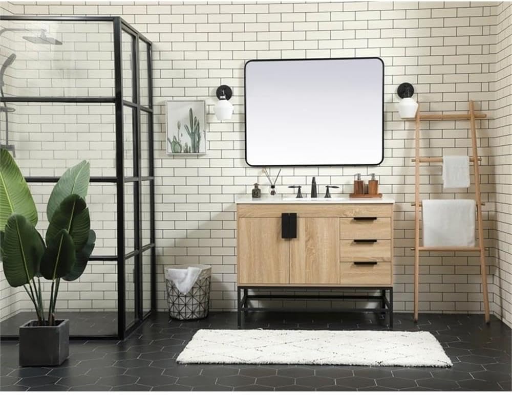 Pemberly Row 42' Aluminum MDF Bathroom Vanity, Mango Wood Finish, Ivory White Quartz Countertop, Porcelain Sink with Overflow, Soft Closing Hinges, 3 Drawers, Modern Style for Bathroom Storage