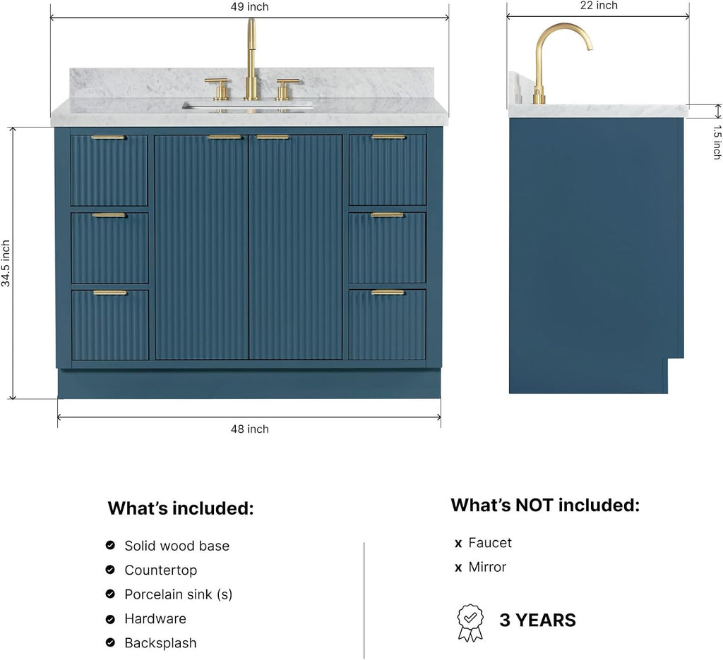 ARIEL Milan 48-inch Bathroom Vanity with Sink,Solid Wood, 1.5-inch Italian Carrara Marble Countertop, Single Rectangular Porcelain Sink, Soft Closing Doors, Dovetail Drawers, Vintage Blue