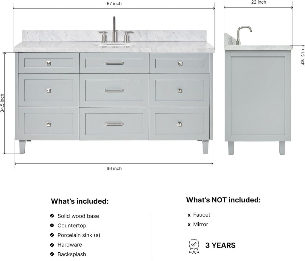 ARIEL Monroe 66-inch Bathroom Vanity with Sink,Solid Wood, 1.5-inch Italian Carrara Marble Countertop, Single Oval Porcelain Sink, Dovetail Drawers, Grey