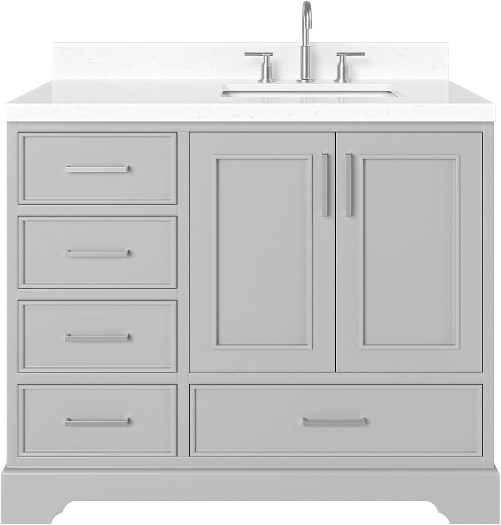 DKB Langford 42-inch Grey Bathroom Vanity with Right Rectangle Single Sink, Carrara White Quartz Countertop & Backsplash, Solid Wood Frame, Soft-Closing & Dovetail Drawers