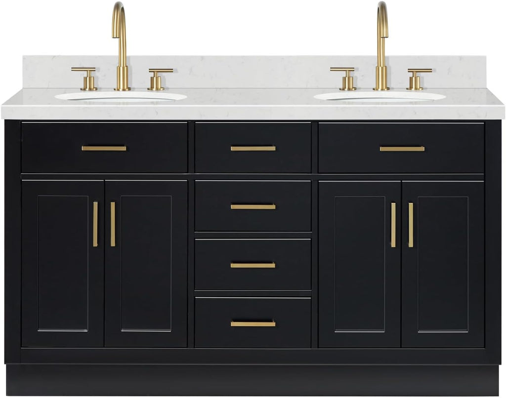 ARIEL Hepburn 60-inch Bathroom Vanity with Sink,Solid Wood, 1.5-inch Carrara White Quartz Countertop & Backsplash, Double Oval Porcelain Sink, 4 Soft Closing Doors, 6 Dovetail Drawers, Black