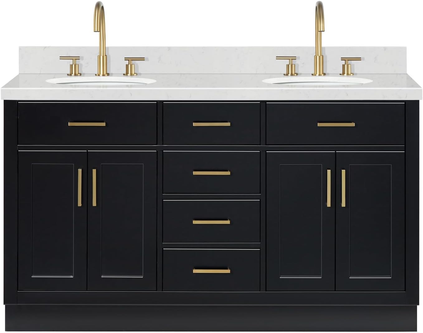 ARIEL Hepburn 60-inch Bathroom Vanity with Sink,Solid Wood, 1.5-inch Carrara White Quartz Countertop & Backsplash, Double Oval Porcelain Sink, 4 Soft Closing Doors, 6 Dovetail Drawers, Black