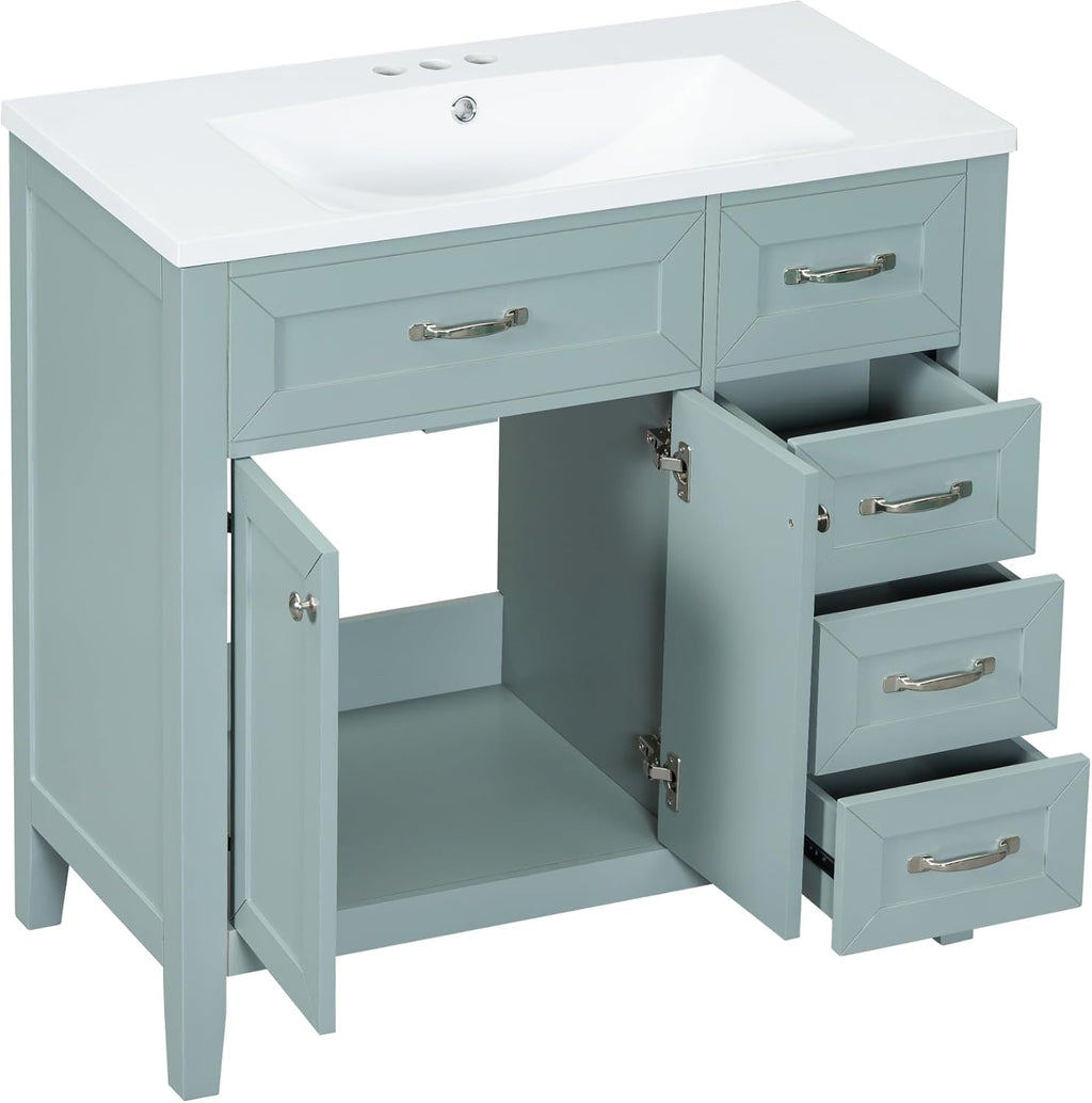 36' Bathroom Vanity with Sink Top, Freestanding Cabinet with Drawers, Soft Closing Doors, Solid Wood Frame & MDF Board