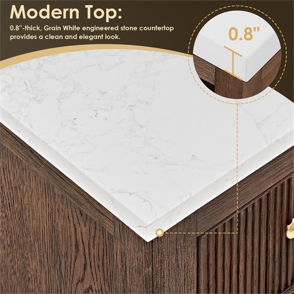 Pemberly Row 42' Bathroom Vanity, Solid Spruce Wood Cabinet, Grain Stone Countertop, Brown Oak Finish, 2 Fluted Doors, 4 Drawers, Ceramic Sink, Brushed Gold Hardware, Contemporary Style