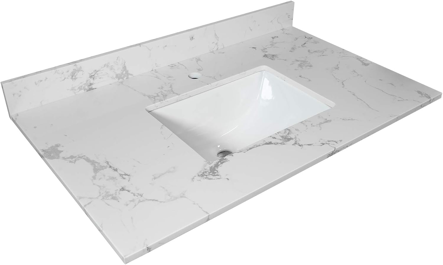31 Inch Marble Vanity Top with Undermounted Rectangular Ceramic Sink & Backsplash, White Carrara Engineered Stone Countertop Vanity Sink Top for Bathroom 1 Pre-Drilled Hole