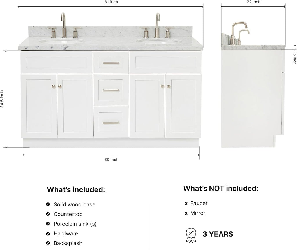 ARIEL Hamlet 60-inch Bathroom Vanity with Sink,Solid Wood, 1.5-inch Italian Carrara Marble Countertop & Backsplash, Double Oval Porcelain Sink, 4 Soft Closing Doors, 3 Dovetail Drawers, White