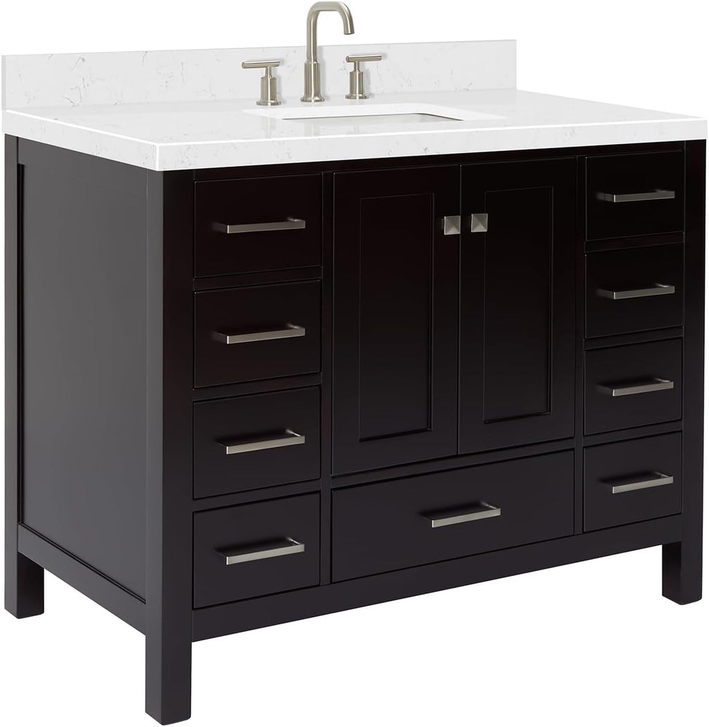 ARIEL Cambridge 42-inch Bathroom Vanity with Sink,Solid Wood, 1.5-inch Carrara White Quartz Countertop, Single Rectangular Porcelain Sink, 2 Soft Closing Doors, 9 Dovetail Drawers, Espresso