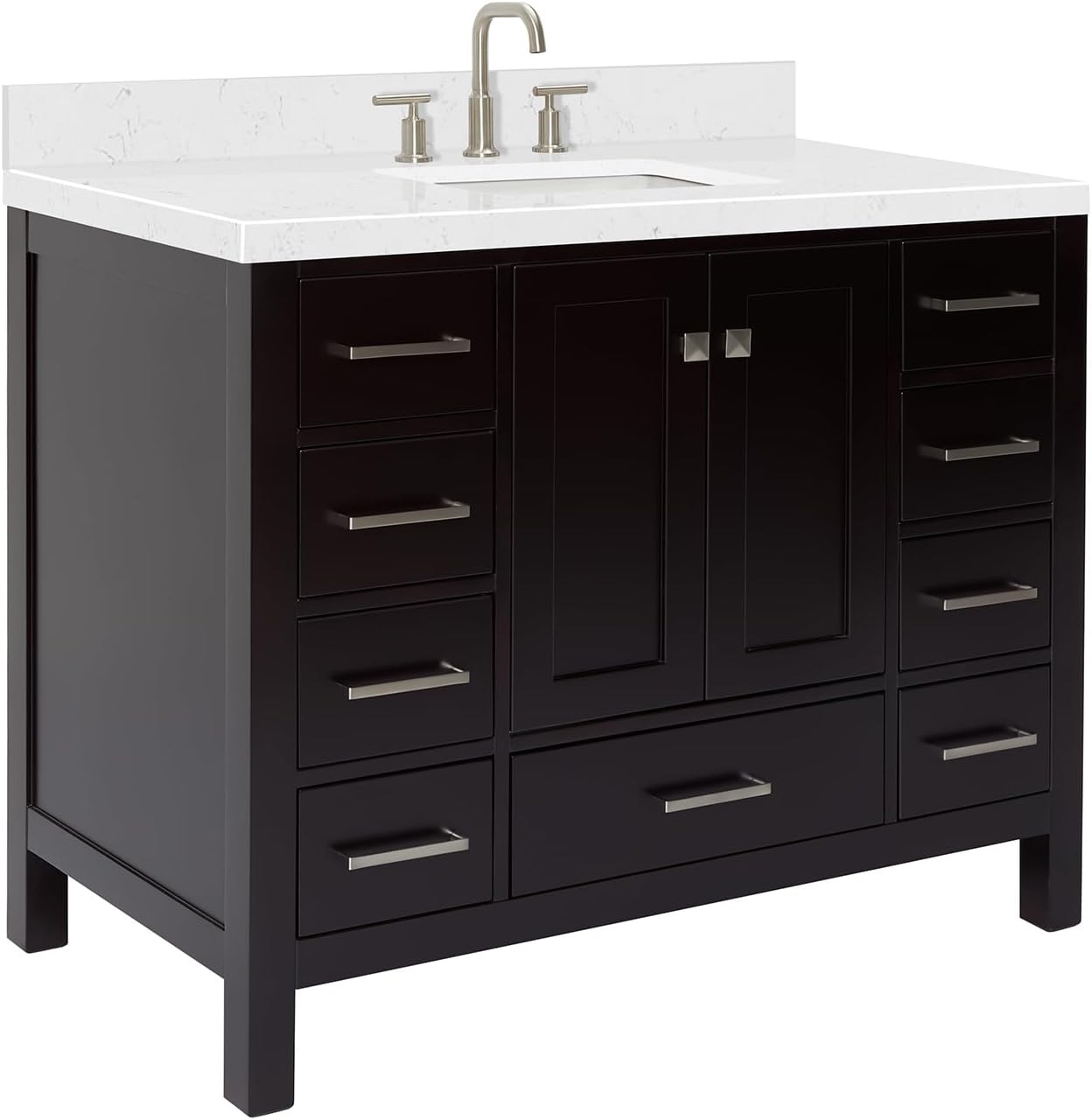 ARIEL Cambridge 42-inch Bathroom Vanity with Sink,Solid Wood, 1.5-inch Carrara White Quartz Countertop, Single Rectangular Porcelain Sink, 2 Soft Closing Doors, 9 Dovetail Drawers, Espresso