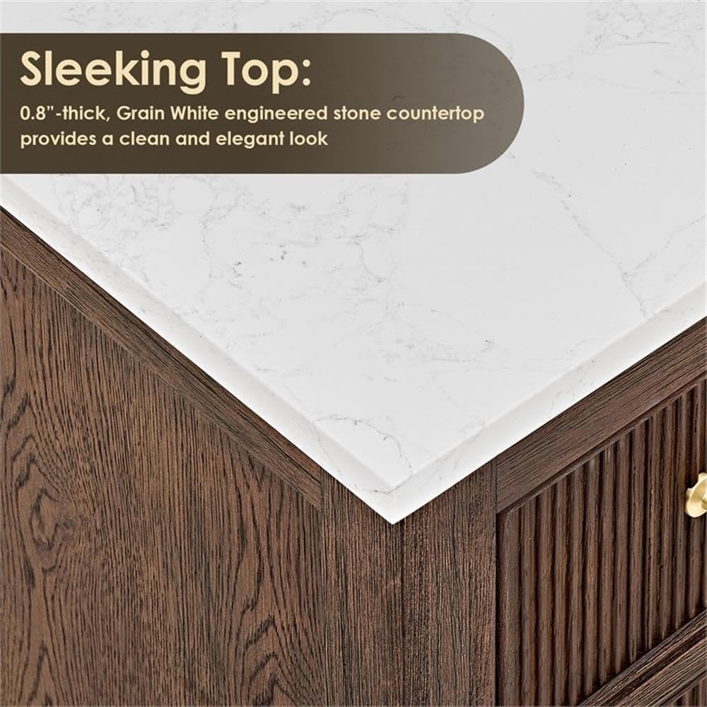 Pemberly Row 48' Wood Bathroom Vanity, Brown Brushed Oak Finish, Grain White Stone Top, Fluted Doors, 7 Drawers, Ceramic Sink, No Mirror Included, Contemporary Style for Bathroom Storage and