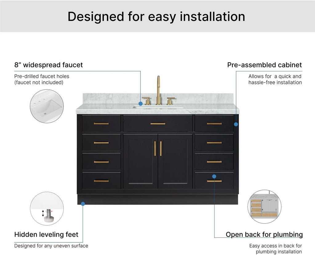 ARIEL Hepburn 60-inch Bathroom Vanity with Sink,Solid Wood, 1.5-inch Italian Carrara Marble Countertop, Single Rectangular Porcelain Sink, 2 Soft Closing Doors, 9 Dovetail Drawers, Black