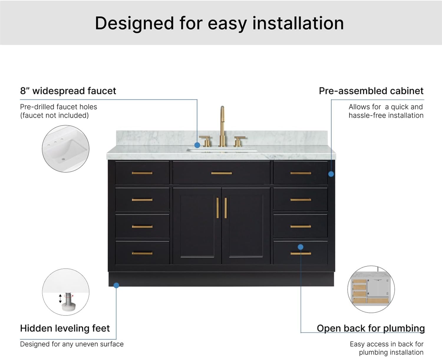 ARIEL Hepburn 60-inch Bathroom Vanity with Sink,Solid Wood, 1.5-inch Italian Carrara Marble Countertop, Single Rectangular Porcelain Sink, 2 Soft Closing Doors, 9 Dovetail Drawers, Black