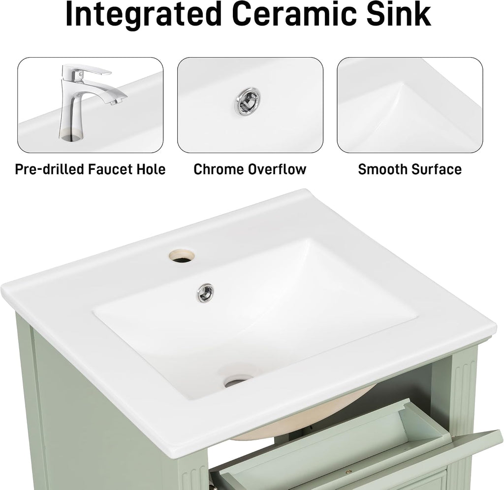 20'' Bathroom Vanity with Sink, Freestanding Storage Cabinet with Tilt-Out Drawer, Adjustable Shelf and Solid Wood Legs for Small Bathroom (Green-4.10)