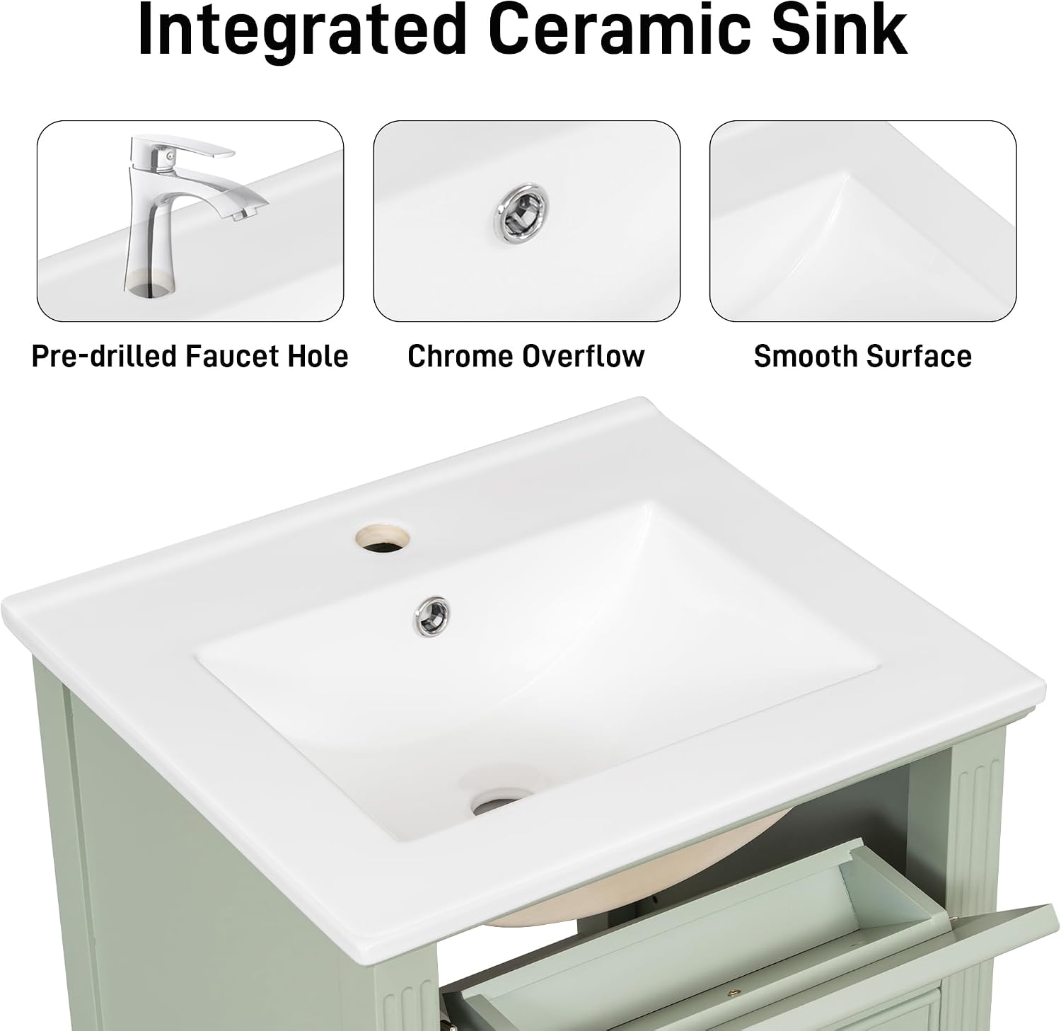 20'' Bathroom Vanity with Sink, Freestanding Storage Cabinet with Tilt-Out Drawer, Adjustable Shelf and Solid Wood Legs for Small Bathroom (Green-4.10)