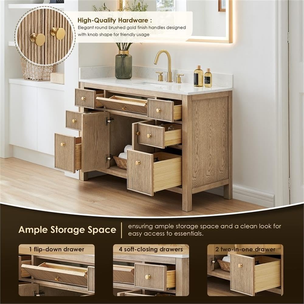 Pemberly Row 48' Bathroom Vanity, Natural Oak Finish, Engineered Stone Top, No Mirror, 7 Drawers, 2 Fluted Soft-Close Doors, Ceramic Undermount Sink, Contemporary Style Cabinet for Bathroom Storage