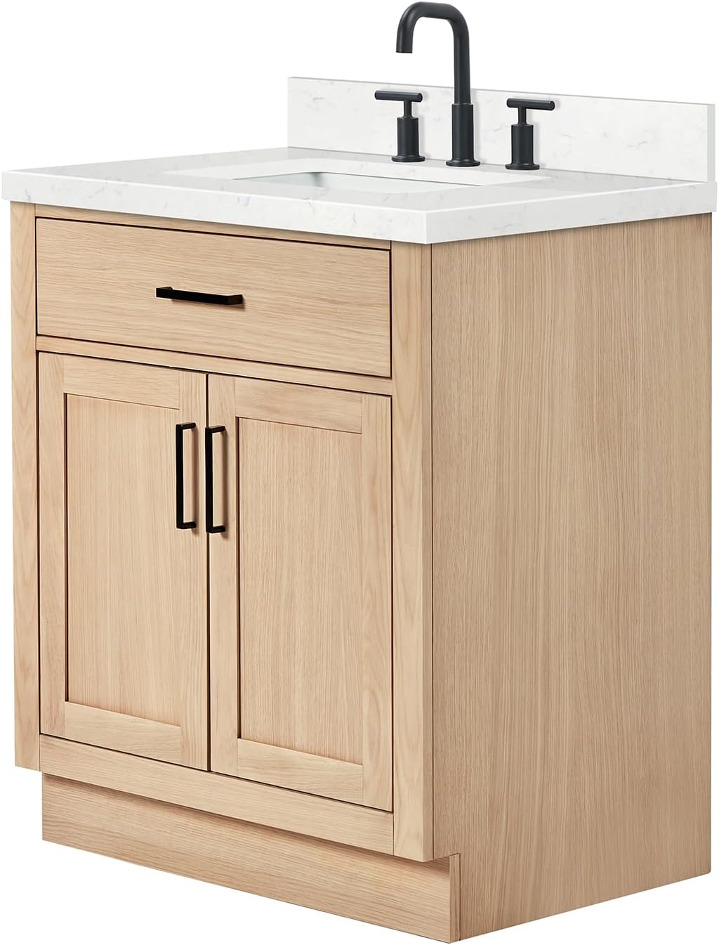 ARIEL Hepburn 30-inch Bathroom Vanity with Sink,Solid Wood, 1.5-inch Carrara White Quartz Countertop, Single Rectangular Porcelain Sink, 2 Soft Closing Doors, 1 Dovetail Drawers, White Oak