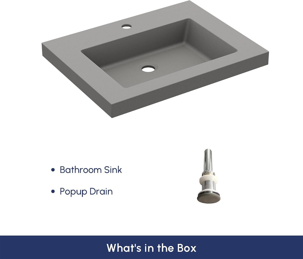 Semi Recessed Bathroom Sink, 23.4 Inch Rectangular Bathroom Vessel Sink, Drop-In Countertop Basin with Single Faucet Hole, Center Drain Assembly for Modern Vanity Cabinet, Gray