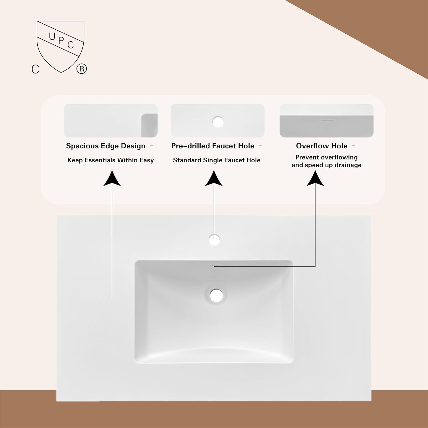 31' W x 22' D Solid Surface Polyurethane Resin Streamline Vanity Top with Sink, Durable, Consistent Color, Easy-to-Clean, Built-in Overflow (Solid Surface Resin Vanity Top)