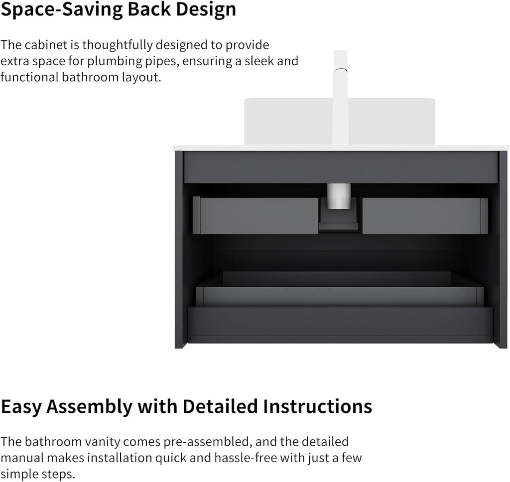 Yayzy 24' Floating Bathroom Vanity with Sink, Solid Wood Fluted Cabinet, White Marble-Patterned Ceramic Basin & Faux Marble Top, Soft-Close Drawer, Pre-Assembled, Gloss Black