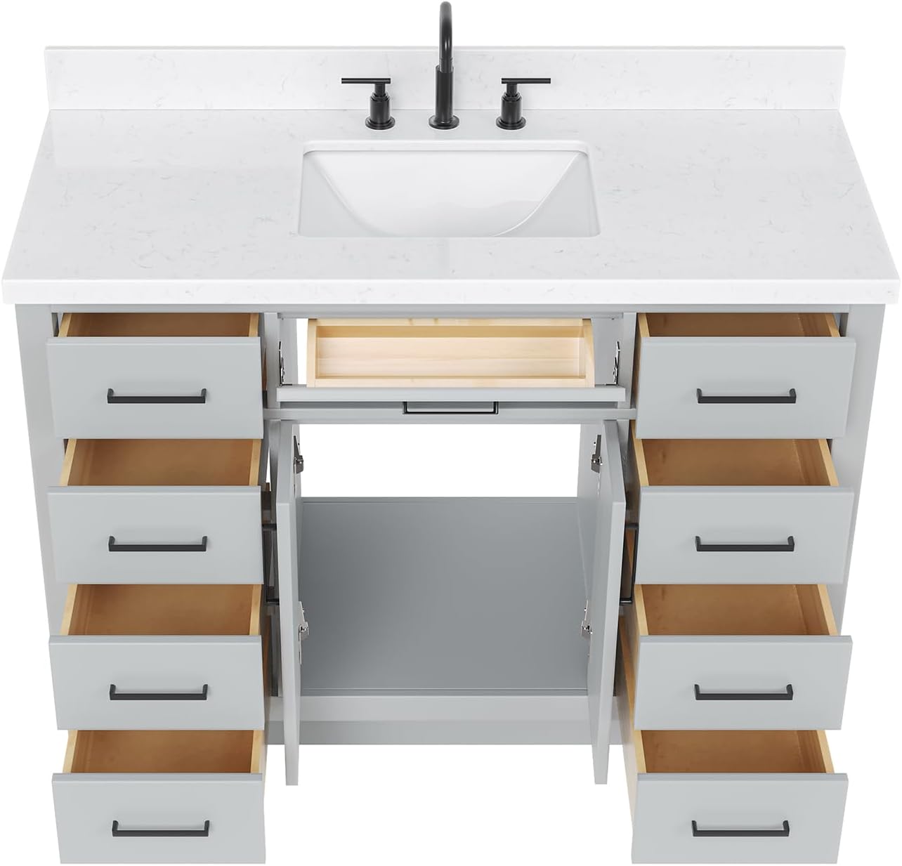 ARIEL Hepburn 48-inch Bathroom Vanity with Sink,Solid Wood, 1.5-inch Carrara White Quartz Countertop & Backsplash, Single Rectangular Porcelain Sink, 2 Soft Closing Doors, 9 Dovetail Drawers, Grey