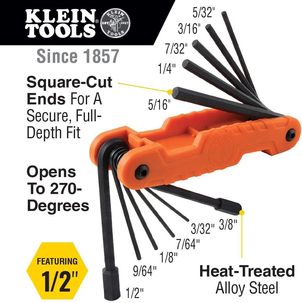 Klein Tools 55473RTB Rolling Tool Bag, Tradesman Pro Tool Master, 250lbs Load Rated & 70550 Hex Wrench Key Set, 11 SAE Sizes, Heavy Duty Folding Allen Wrench Tool