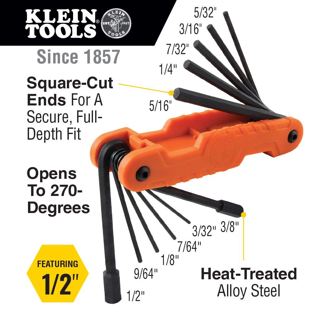 Dipped Plier Kit, Diagonal-Cutting, Needle-Nose, Side-Cutting High Leverage Linesman Pliers, Cutter and Crimper, 5-Piece and Klein Tools 70550 Hex Wrench Key Set, 11 SAE Sizes, Heavy Duty Folding Allen Wrench Tool with Extra Long Hex Keys