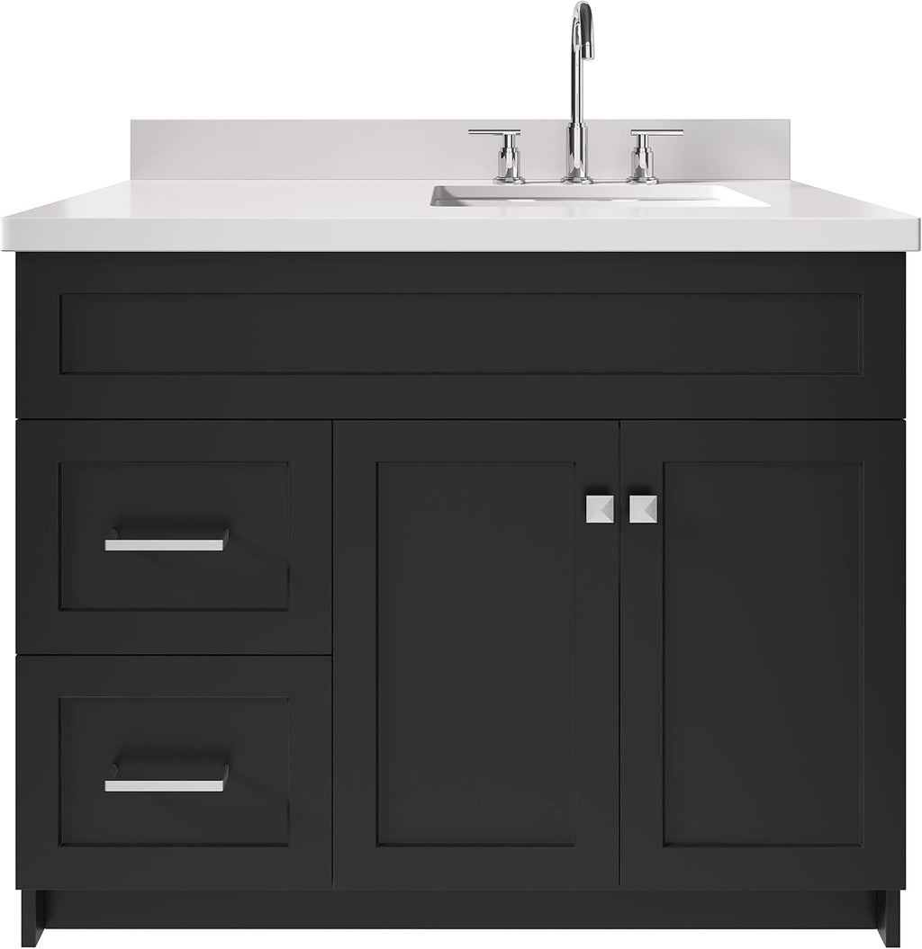 ARIEL 54' White Bathroom Vanity with Sink, 1.5' Thick Pure White Quartz Countertop, Undermount Rectangle Sink, 2 Soft Closing Doors & 4 Full Extension Dovetail Drawers, Satin Nickel