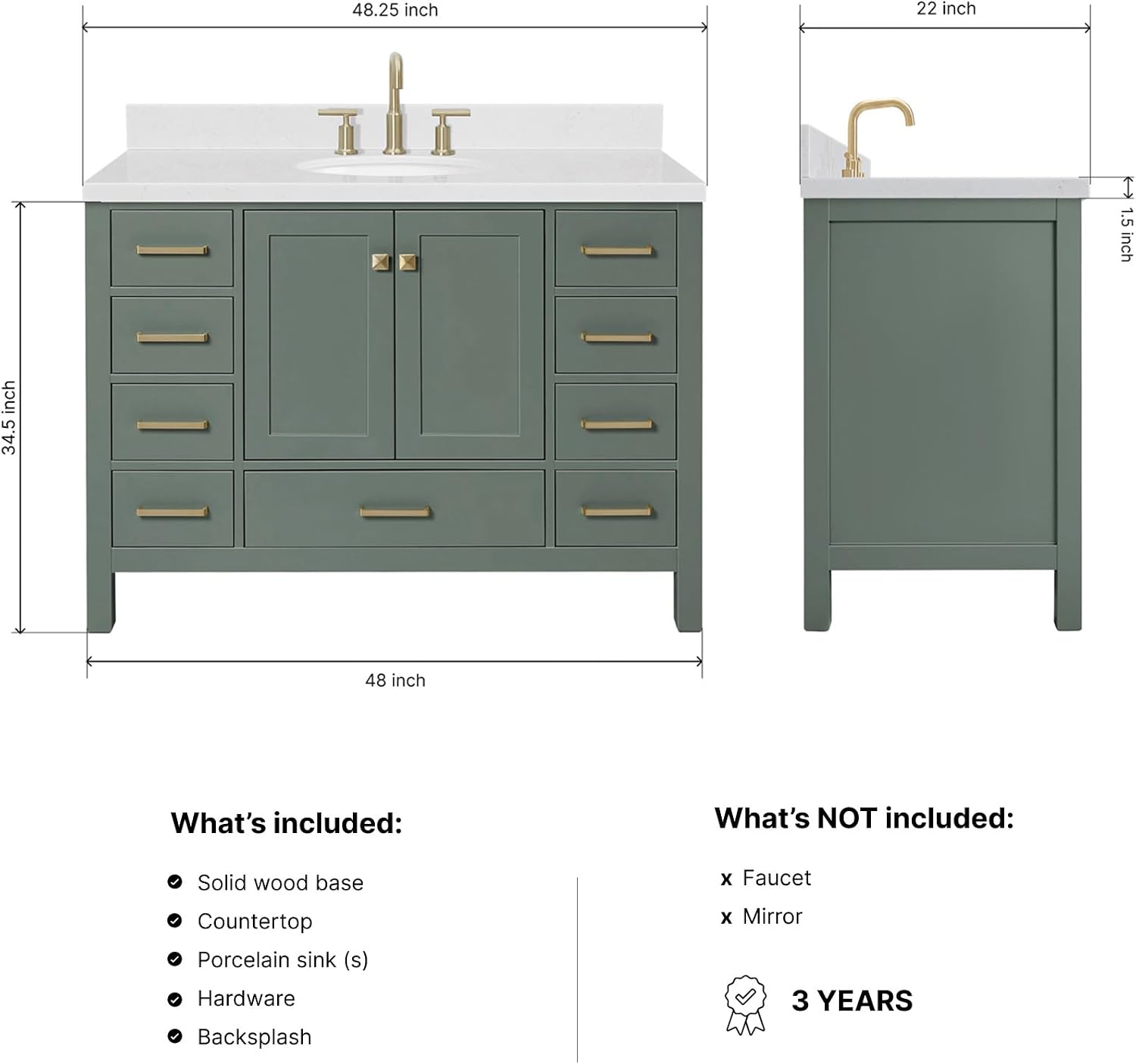 ARIEL Cambridge 48-inch Bathroom Vanity with Sink,Solid Wood, 1.5-inch Carrara White Quartz Countertop, Single Oval Porcelain Sink, 2 Soft Closing Doors, 9 Dovetail Drawers, Vintage Green