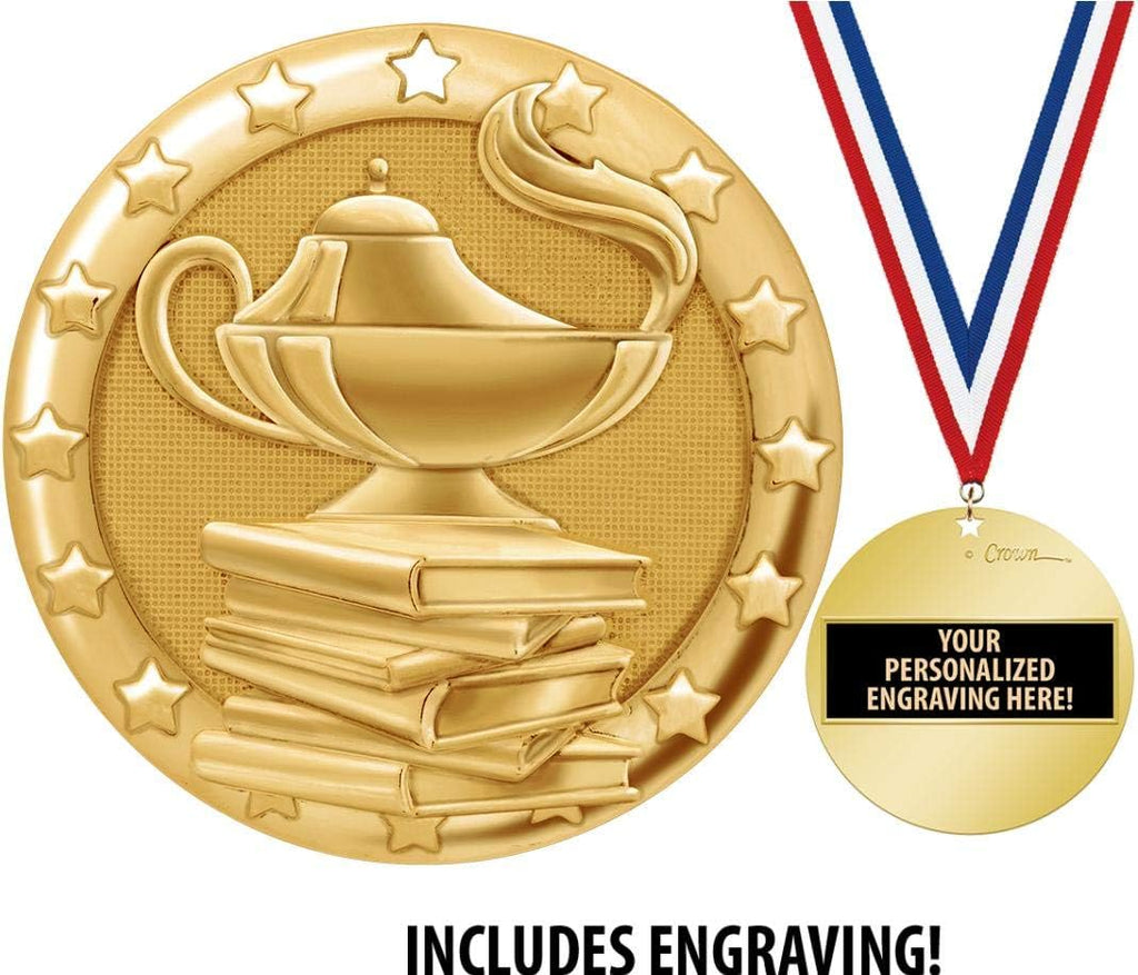 Crown Awards Academic Medal, 2' Shiny Gold Lamp of Learning Education Medals for Kids with Free Custom Engraving