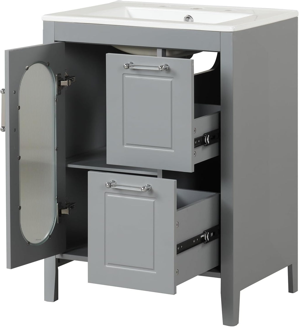 LUMISOL 24' Bathroom Vanity with Sink, Solid Wood Bathroom Vanity with Glass Door and 2 Drawers, Free Standing Single Bathroom Cabinet with Ceramic Basin, Soft-Closing, Gray