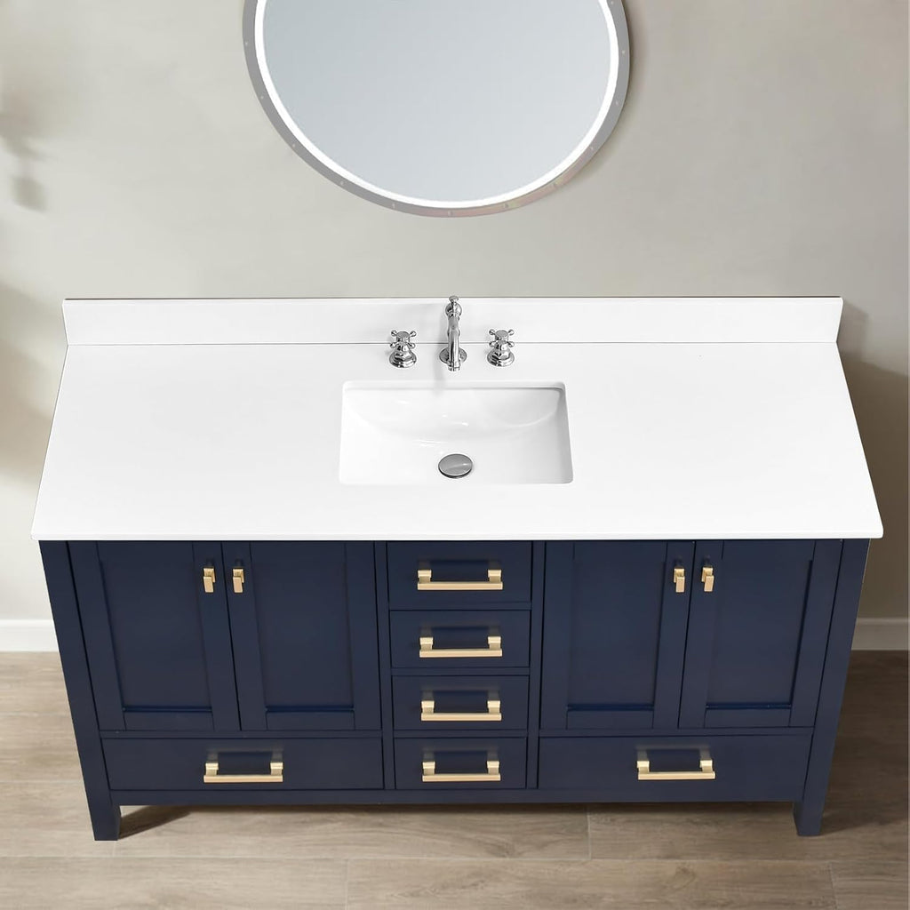 60'x22' Vanity Sink Top, Solid White Quartz Stone Vanity Top Single Bowl Sink 8 Inch Faucet Hole Spacing with Backsplash Countertops for Bathroom